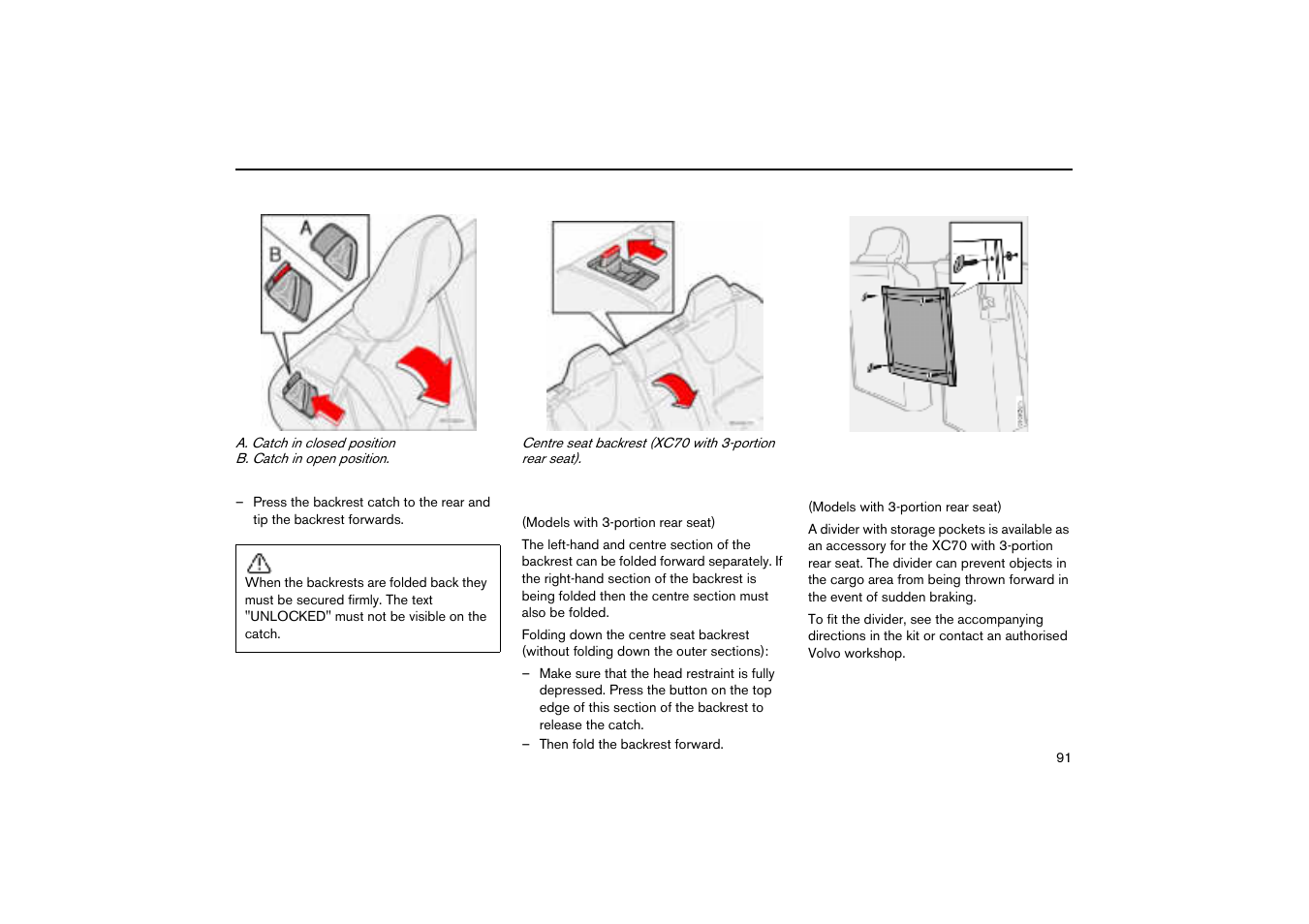 Tipping the backrest forwards, Folding the centre seat backrest (xc70), Divider with storage pockets (xc70 - accessory) | Volvo V70R User Manual | Page 92 / 254