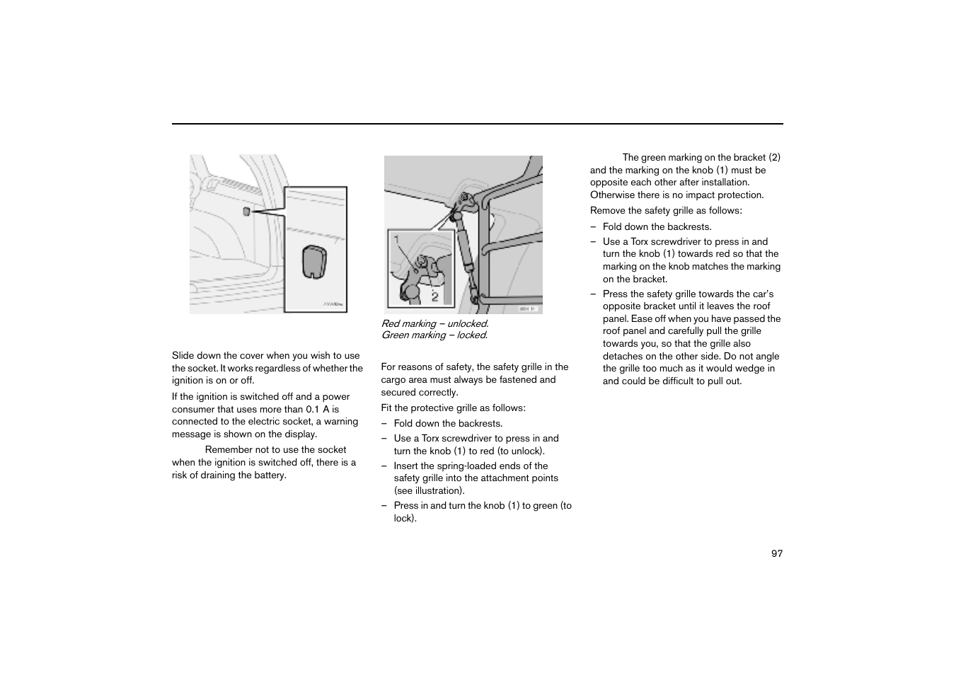 Electric socket in the cargo area, Safety grille xc70 | Volvo V70R User Manual | Page 98 / 254