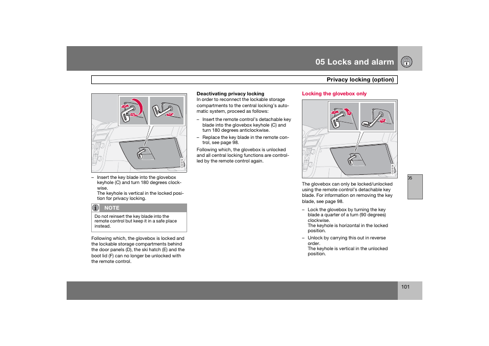 En_c70-w720_101.eps, 05 locks and alarm | Volvo 2008 C70 User Manual | Page 102 / 257