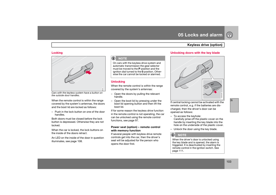 En_c70-w720_103.eps, 05 locks and alarm | Volvo 2008 C70 User Manual | Page 104 / 257