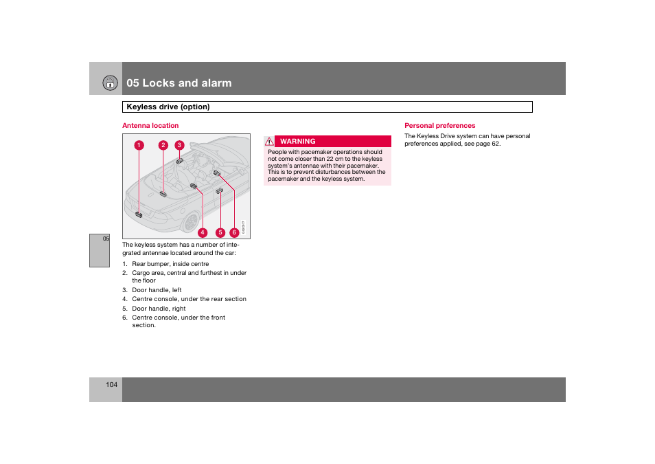 En_c70-w720_104.eps, 05 locks and alarm | Volvo 2008 C70 User Manual | Page 105 / 257