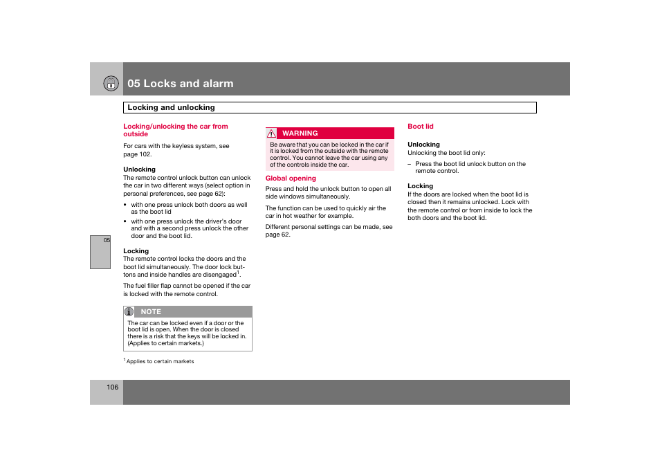 En_c70-w720_106.eps, 05 locks and alarm | Volvo 2008 C70 User Manual | Page 107 / 257