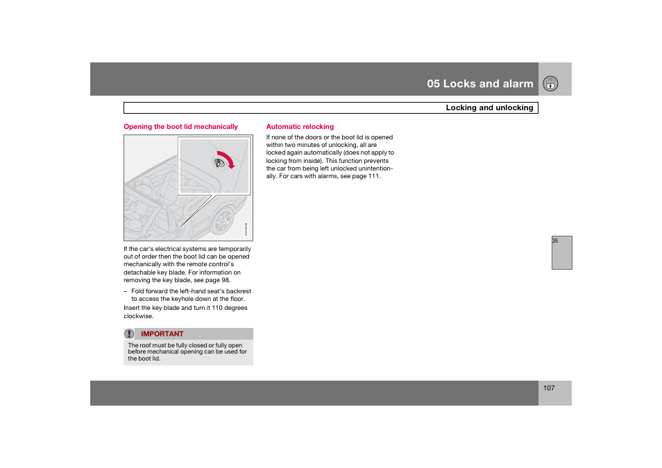 En_c70-w720_107.eps, 05 locks and alarm | Volvo 2008 C70 User Manual | Page 108 / 257