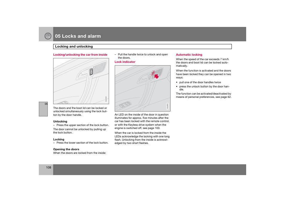 En_c70-w720_108.eps, 05 locks and alarm | Volvo 2008 C70 User Manual | Page 109 / 257