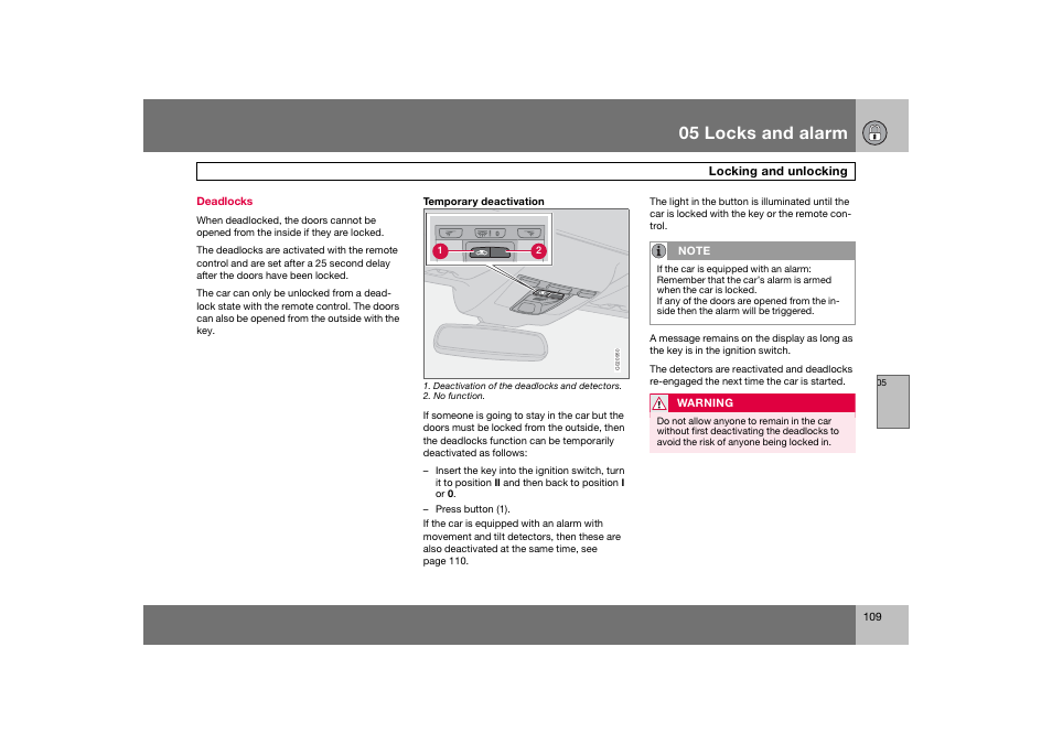 En_c70-w720_109.eps, 05 locks and alarm | Volvo 2008 C70 User Manual | Page 110 / 257