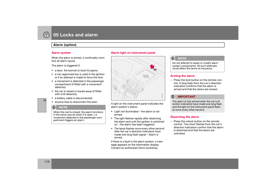 En_c70-w720_110.eps, 05 locks and alarm | Volvo 2008 C70 User Manual | Page 111 / 257