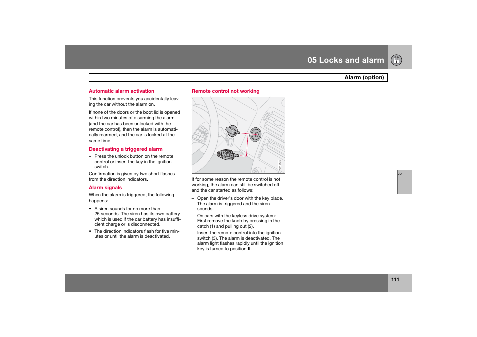 En_c70-w720_111.eps, 05 locks and alarm | Volvo 2008 C70 User Manual | Page 112 / 257