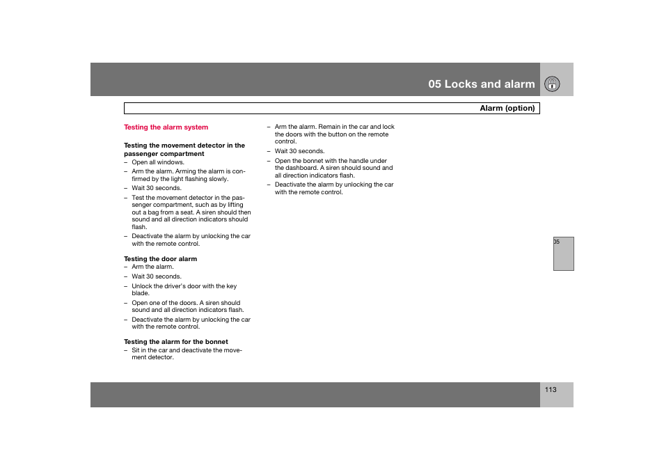 En_c70-w720_113.eps, 05 locks and alarm | Volvo 2008 C70 User Manual | Page 114 / 257