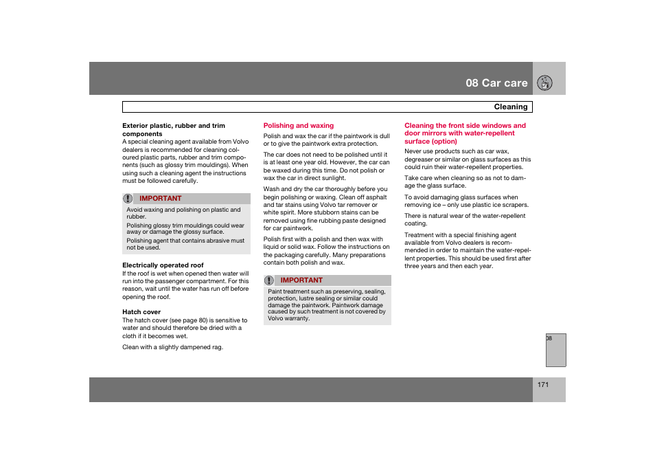 En_c70-w720_171.eps, 08 car care | Volvo 2008 C70 User Manual | Page 172 / 257