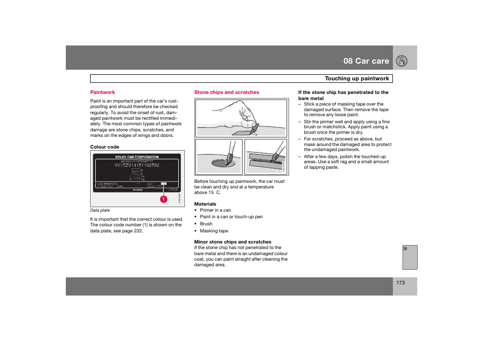 En_c70-w720_173.eps, 08 car care | Volvo 2008 C70 User Manual | Page 174 / 257