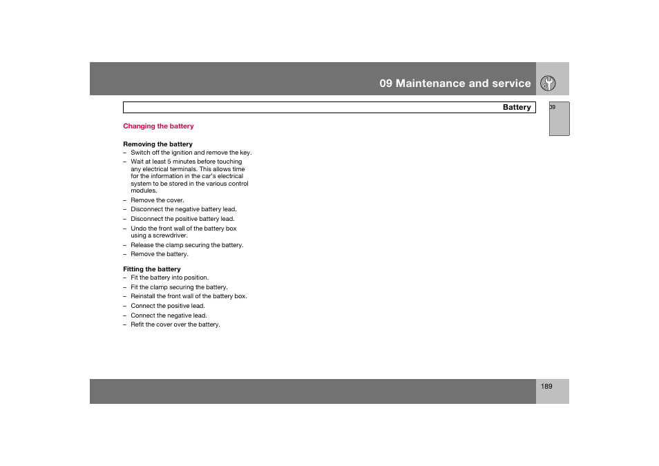 En_c70-w720_189.eps, 09 maintenance and service | Volvo 2008 C70 User Manual | Page 190 / 257