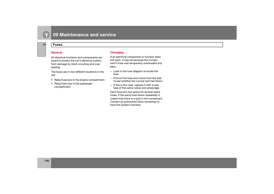 En_c70-w720_196.eps, 09 maintenance and service | Volvo 2008 C70 User Manual | Page 197 / 257