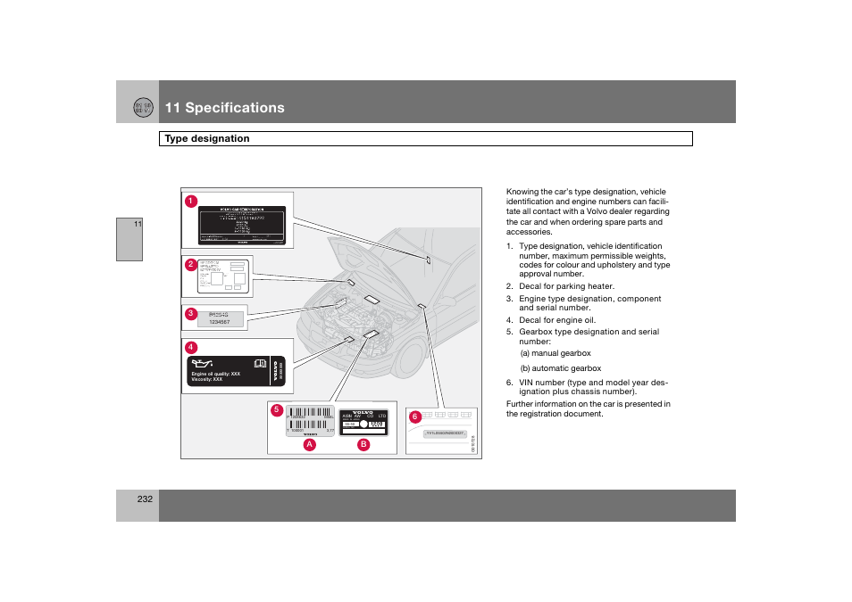 En_c70-w720_232.eps, 11 specifications, Type designation | Volvo 2008 C70 User Manual | Page 233 / 257