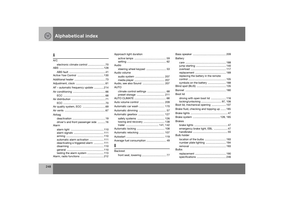 En_c70-w720_248.eps, Alphabetical index | Volvo 2008 C70 User Manual | Page 249 / 257