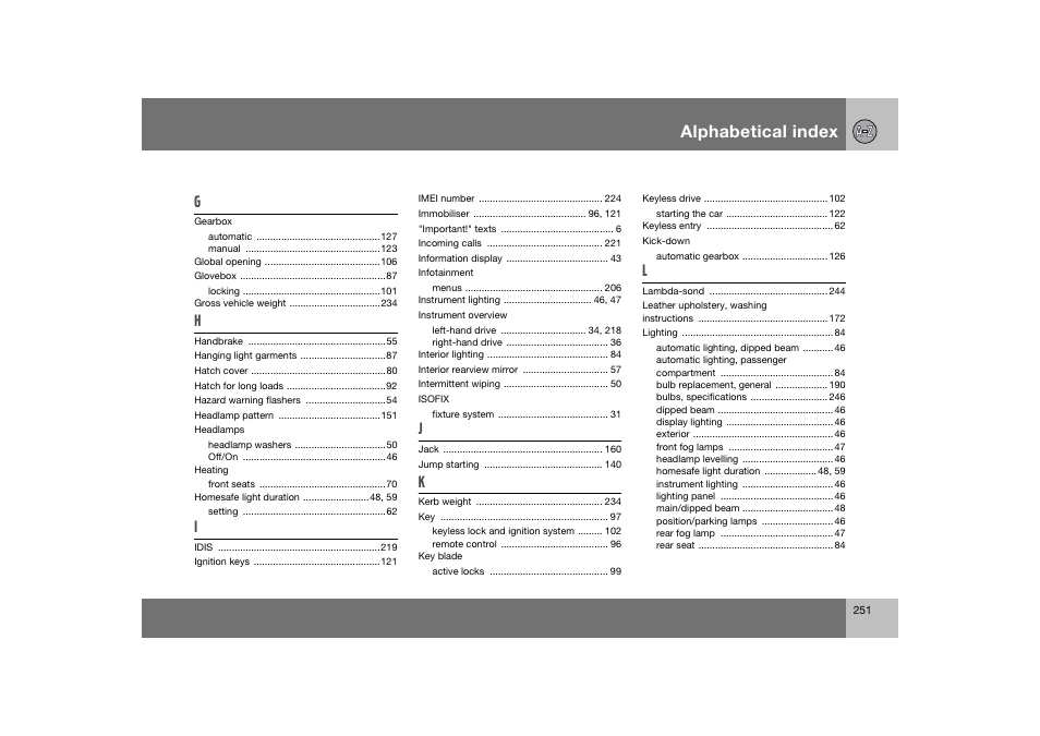 En_c70-w720_251.eps, Alphabetical index | Volvo 2008 C70 User Manual | Page 252 / 257