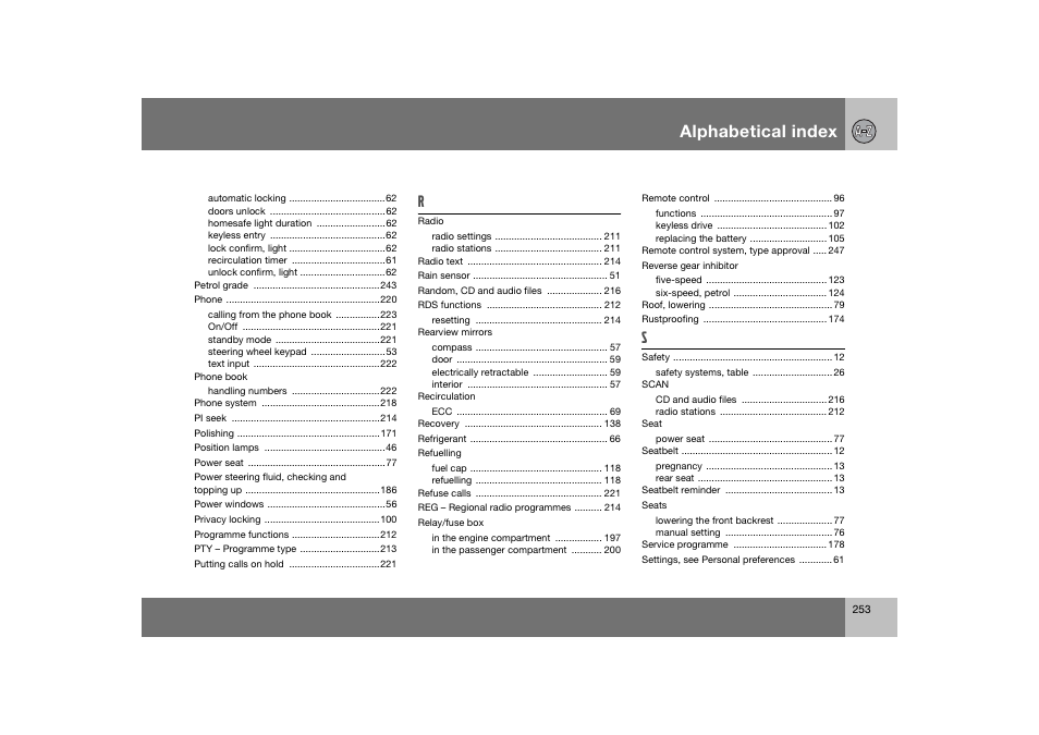 En_c70-w720_253.eps, Alphabetical index | Volvo 2008 C70 User Manual | Page 254 / 257