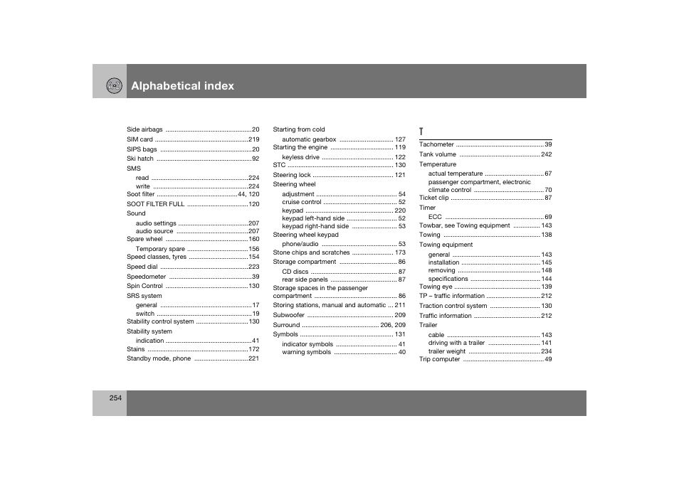 En_c70-w720_254.eps, Alphabetical index | Volvo 2008 C70 User Manual | Page 255 / 257