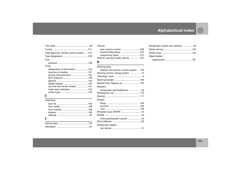 En_c70-w720_255.eps, Alphabetical index | Volvo 2008 C70 User Manual | Page 256 / 257