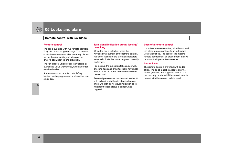 En_c70-w720_ 96.eps, 05 locks and alarm | Volvo 2008 C70 User Manual | Page 97 / 257