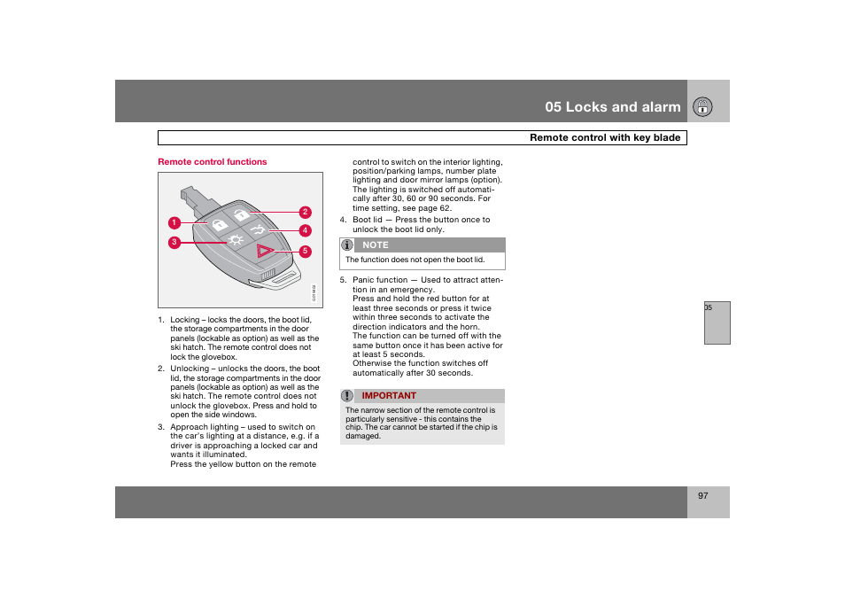 En_c70-w720_ 97.eps, 05 locks and alarm | Volvo 2008 C70 User Manual | Page 98 / 257