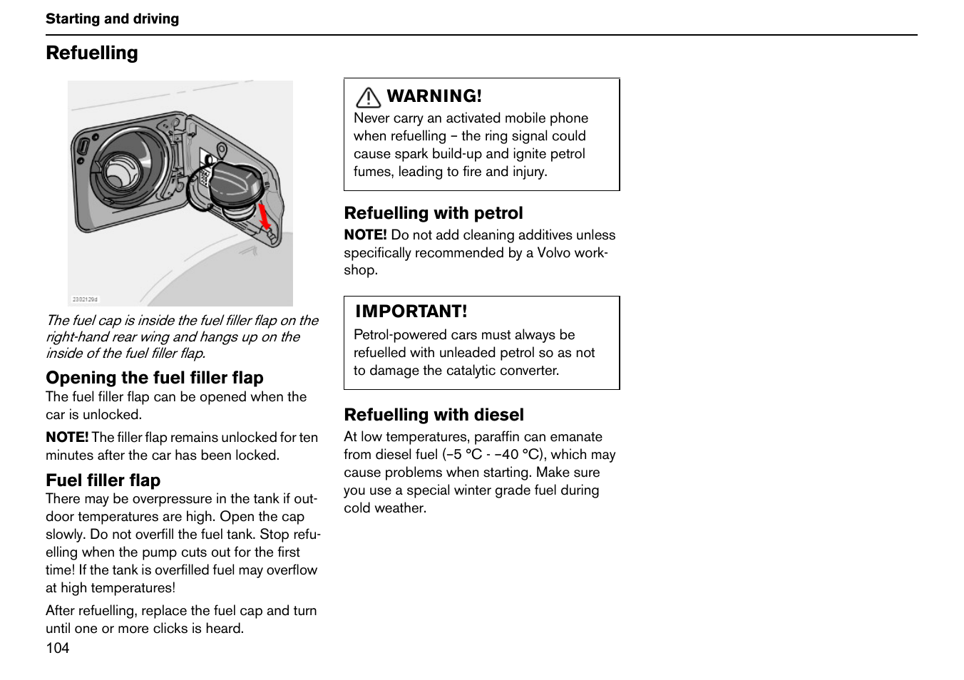 Refuelling | Volvo S60R User Manual | Page 105 / 240