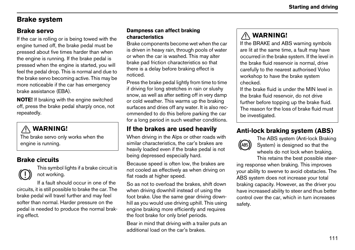Brake system | Volvo S60R User Manual | Page 112 / 240