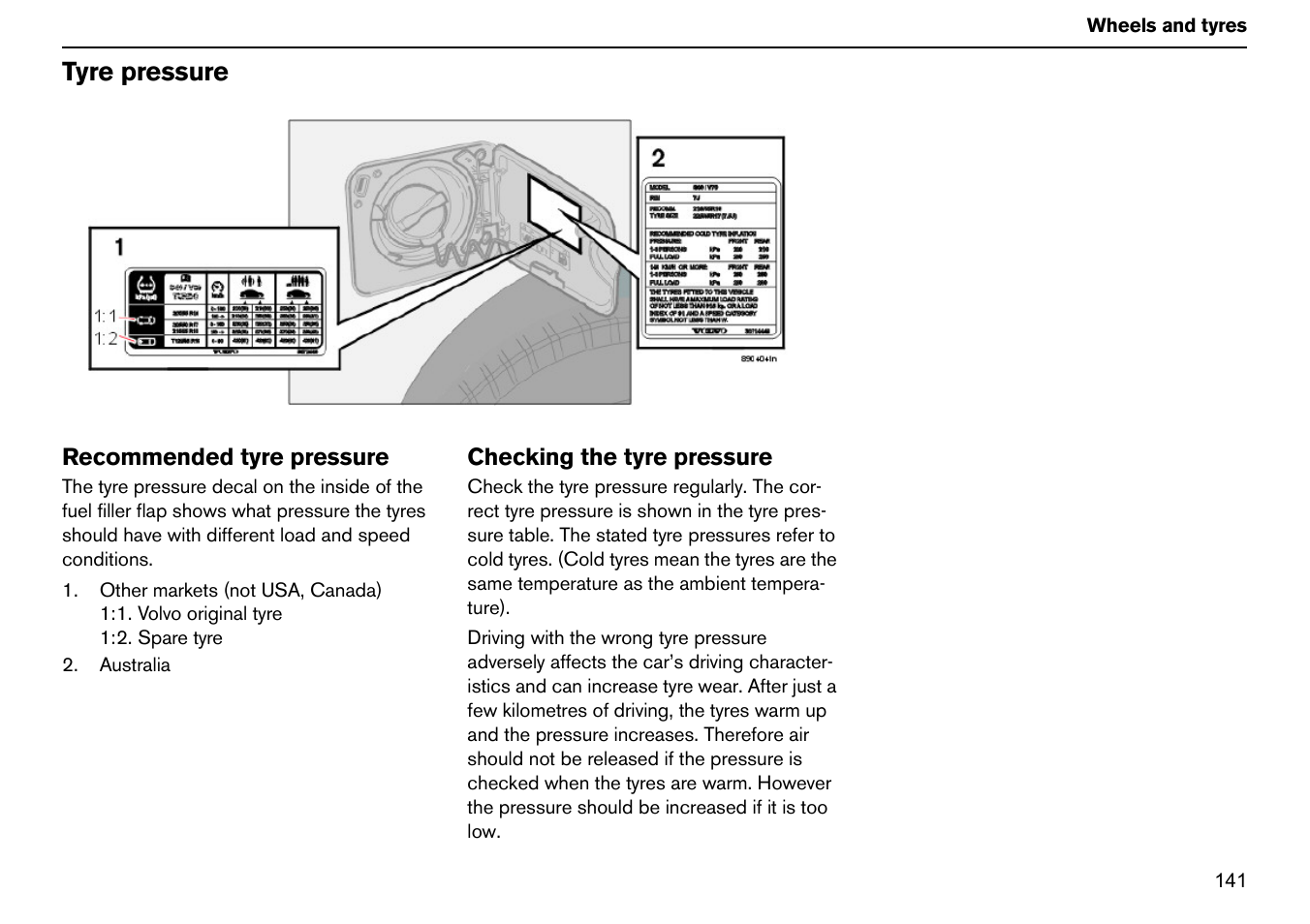Tyre pressure | Volvo S60R User Manual | Page 142 / 240