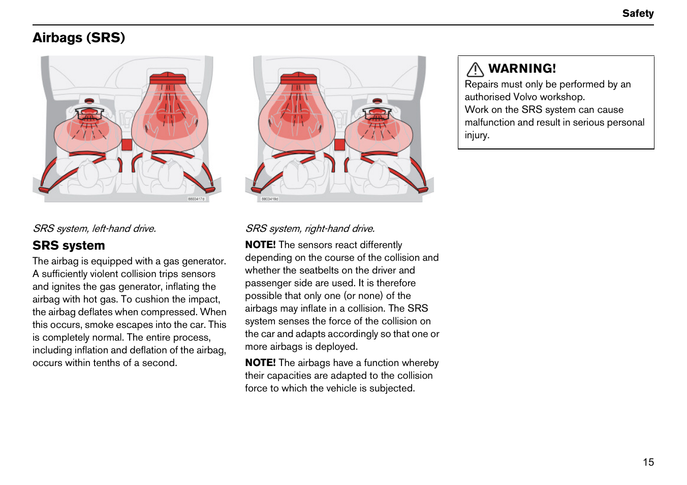 Airbags (srs) | Volvo S60R User Manual | Page 16 / 240