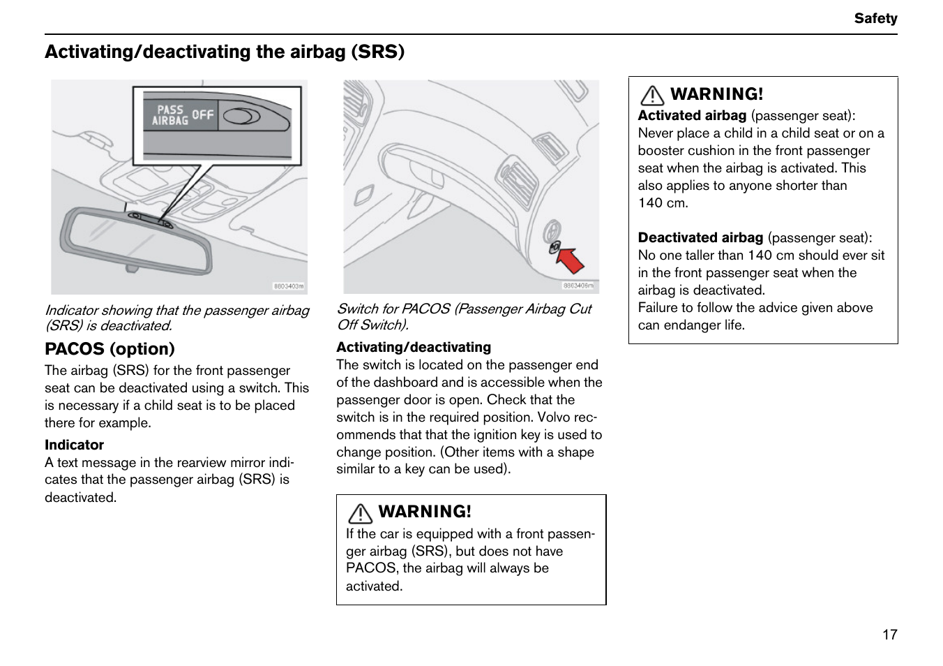 Activating/deactivating the airbag (srs) | Volvo S60R User Manual | Page 18 / 240