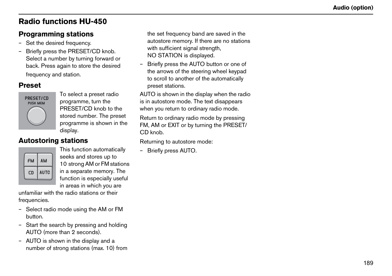 Radio functions hu-450 | Volvo S60R User Manual | Page 190 / 240