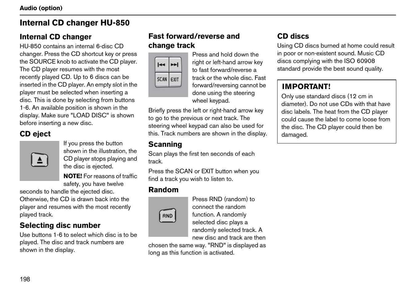 Internal cd changer hu-850 | Volvo S60R User Manual | Page 199 / 240