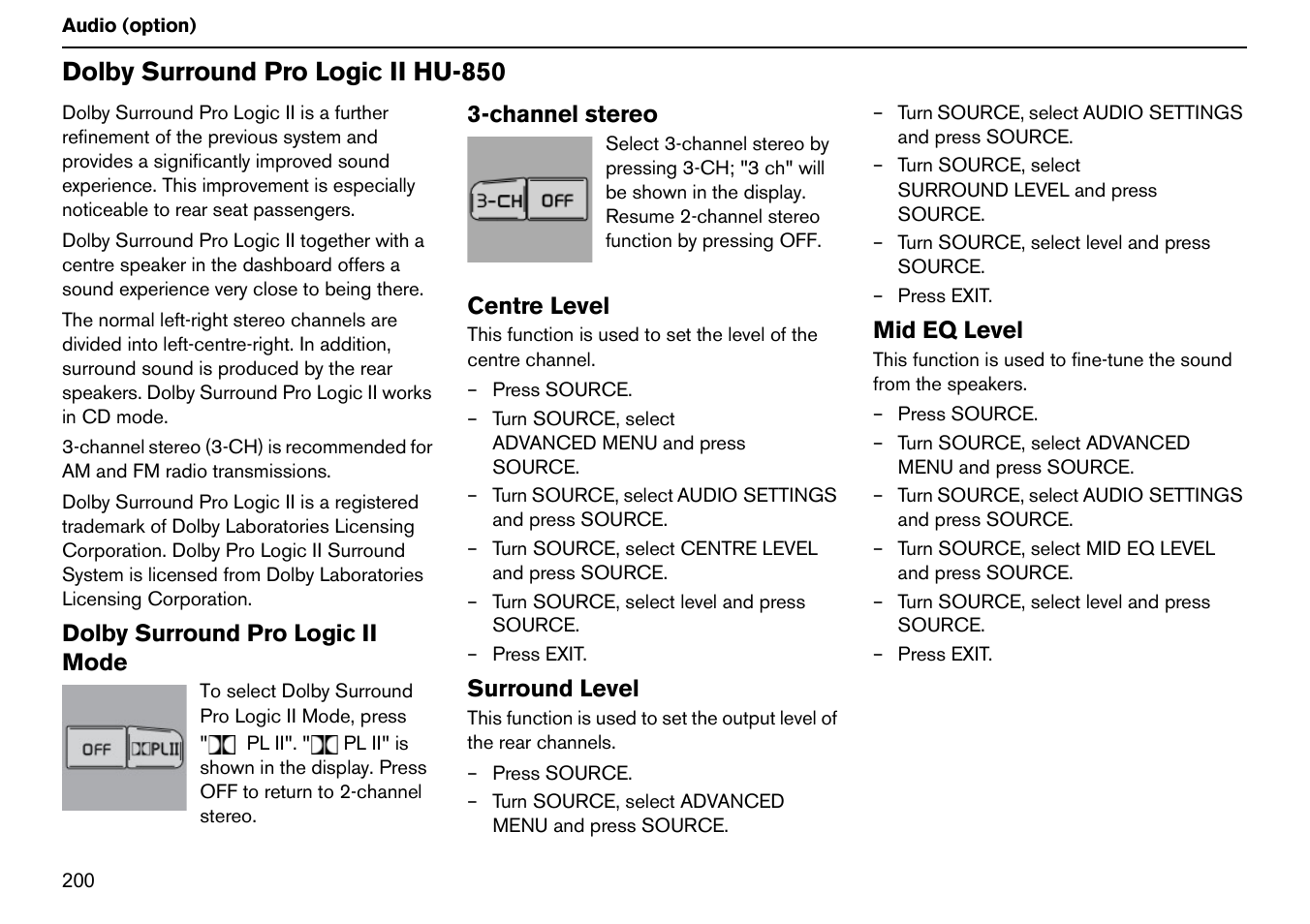 Dolby surround pro logic ii hu-850 | Volvo S60R User Manual | Page 201 / 240