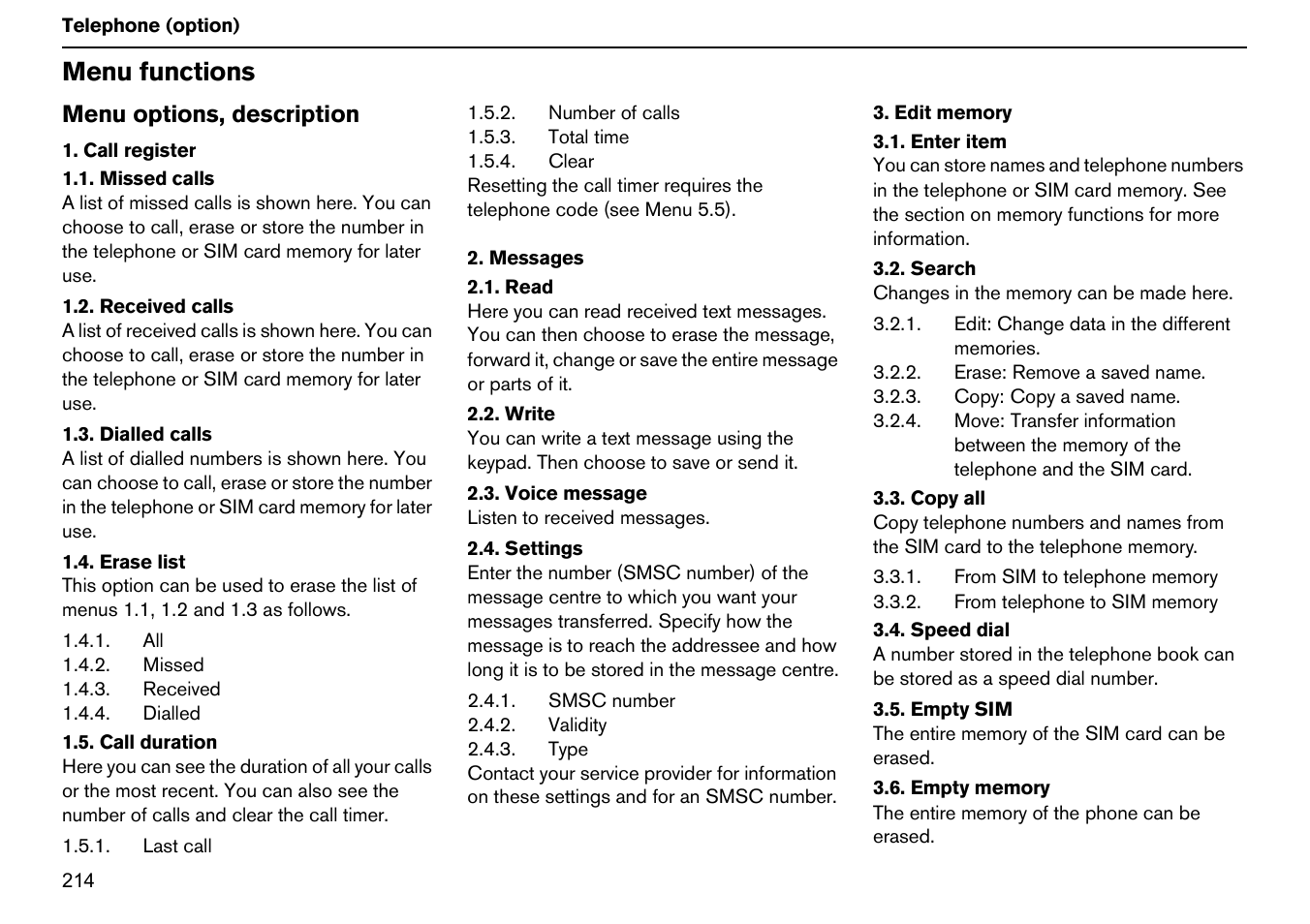 Menu functions | Volvo S60R User Manual | Page 215 / 240