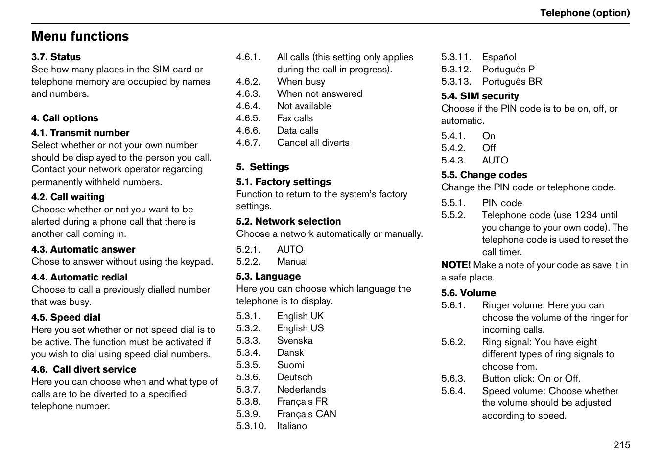 Menu functions | Volvo S60R User Manual | Page 216 / 240