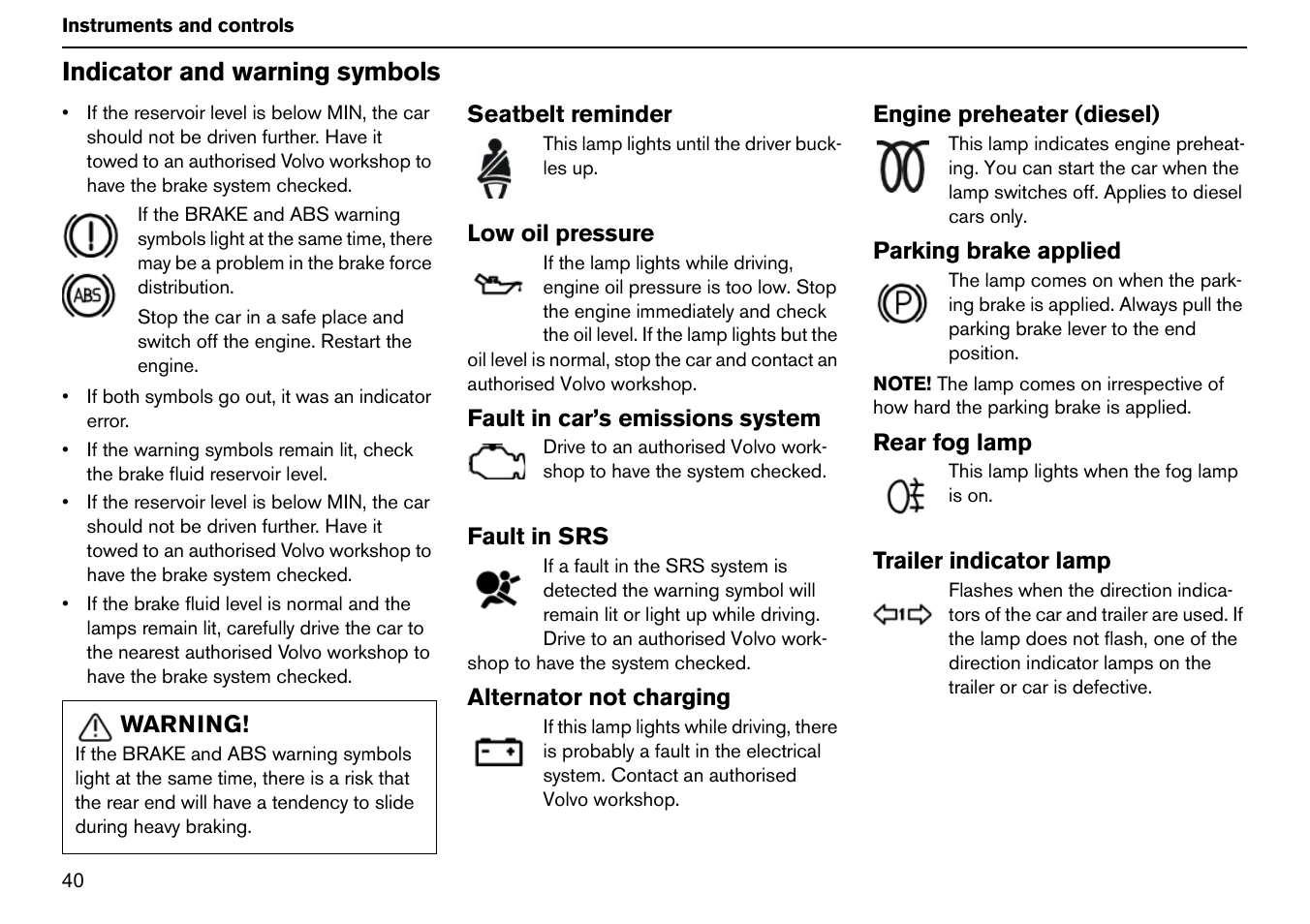 Indicator and warning symbols | Volvo S60R User Manual | Page 41 / 240