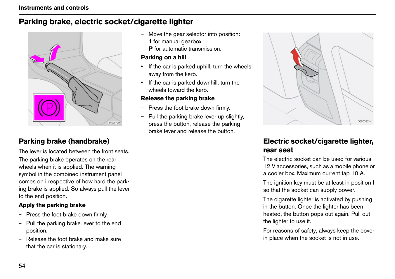 Parking brake, electric socket/cigarette lighter | Volvo S60R User Manual | Page 55 / 240