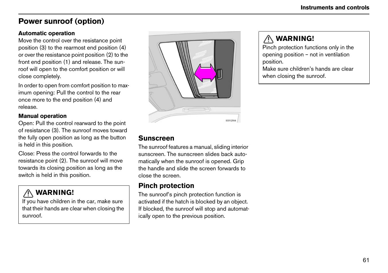 Power sunroof (option) | Volvo S60R User Manual | Page 62 / 240