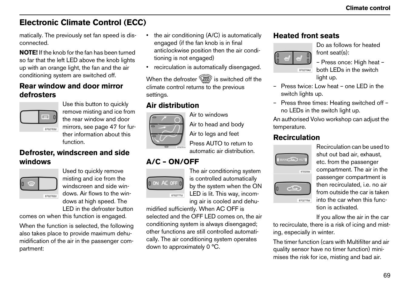 Electronic climate control (ecc) | Volvo S60R User Manual | Page 70 / 240