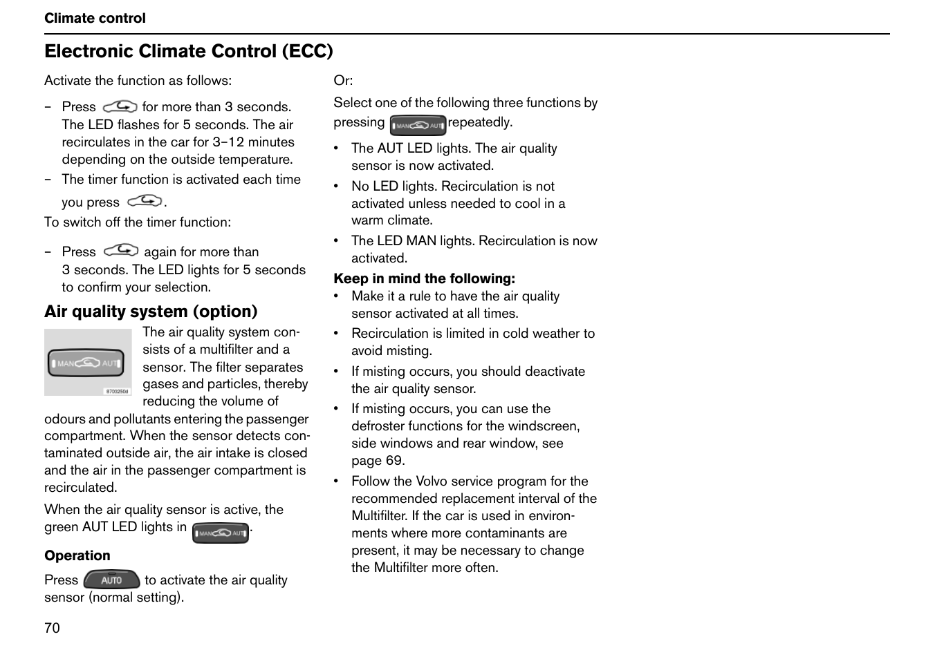 Electronic climate control (ecc) | Volvo S60R User Manual | Page 71 / 240
