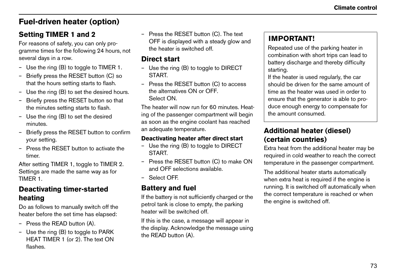 Fuel-driven heater (option) | Volvo S60R User Manual | Page 74 / 240