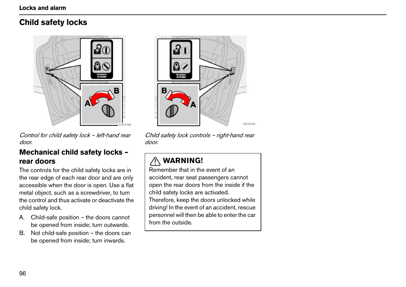 Child safety locks | Volvo S60R User Manual | Page 97 / 240