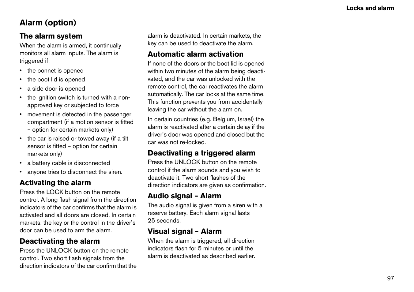 Alarm (option) | Volvo S60R User Manual | Page 98 / 240
