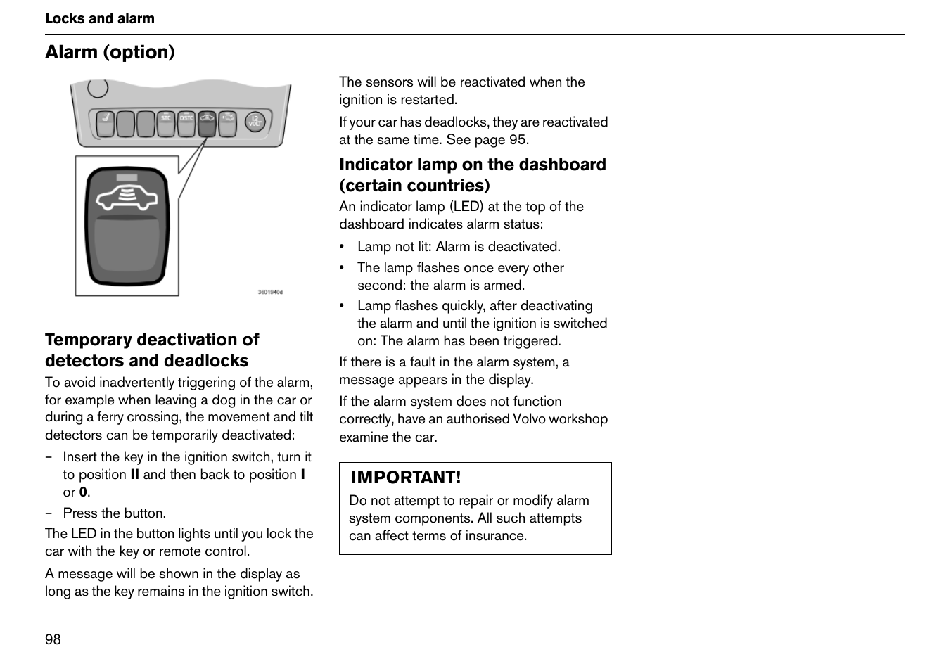 Alarm (option) | Volvo S60R User Manual | Page 99 / 240