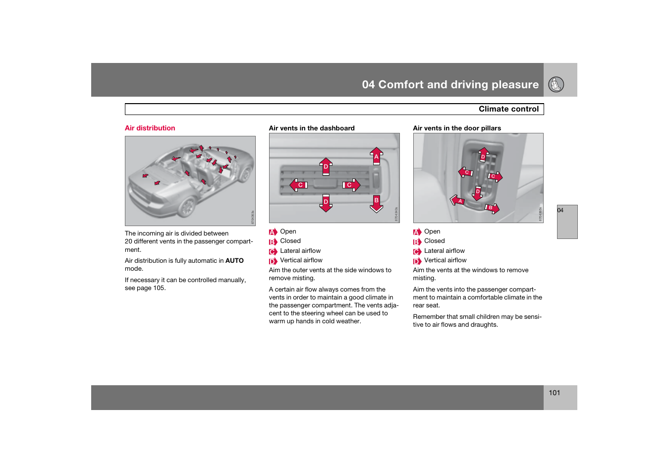 Air distribution, 04 comfort and driving pleasure | Volvo 2007 S80 User Manual | Page 102 / 234