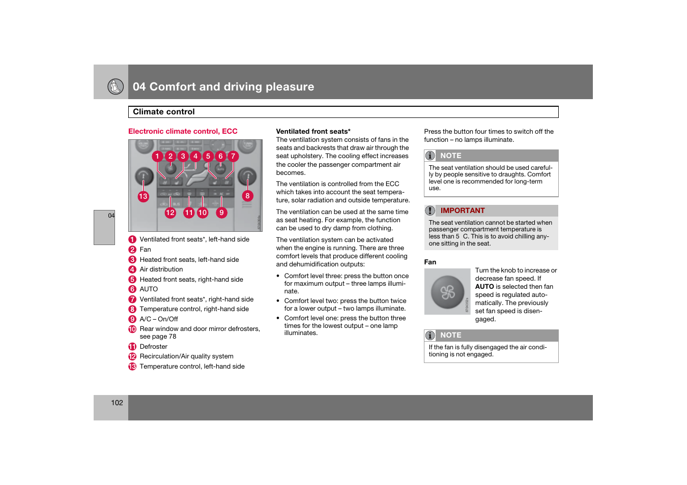 Electronic climate control, ecc, 04 comfort and driving pleasure | Volvo 2007 S80 User Manual | Page 103 / 234