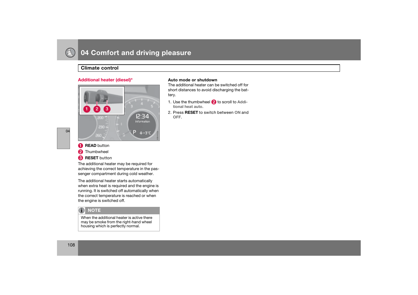 Additional heater (diesel), 04 comfort and driving pleasure | Volvo 2007 S80 User Manual | Page 109 / 234