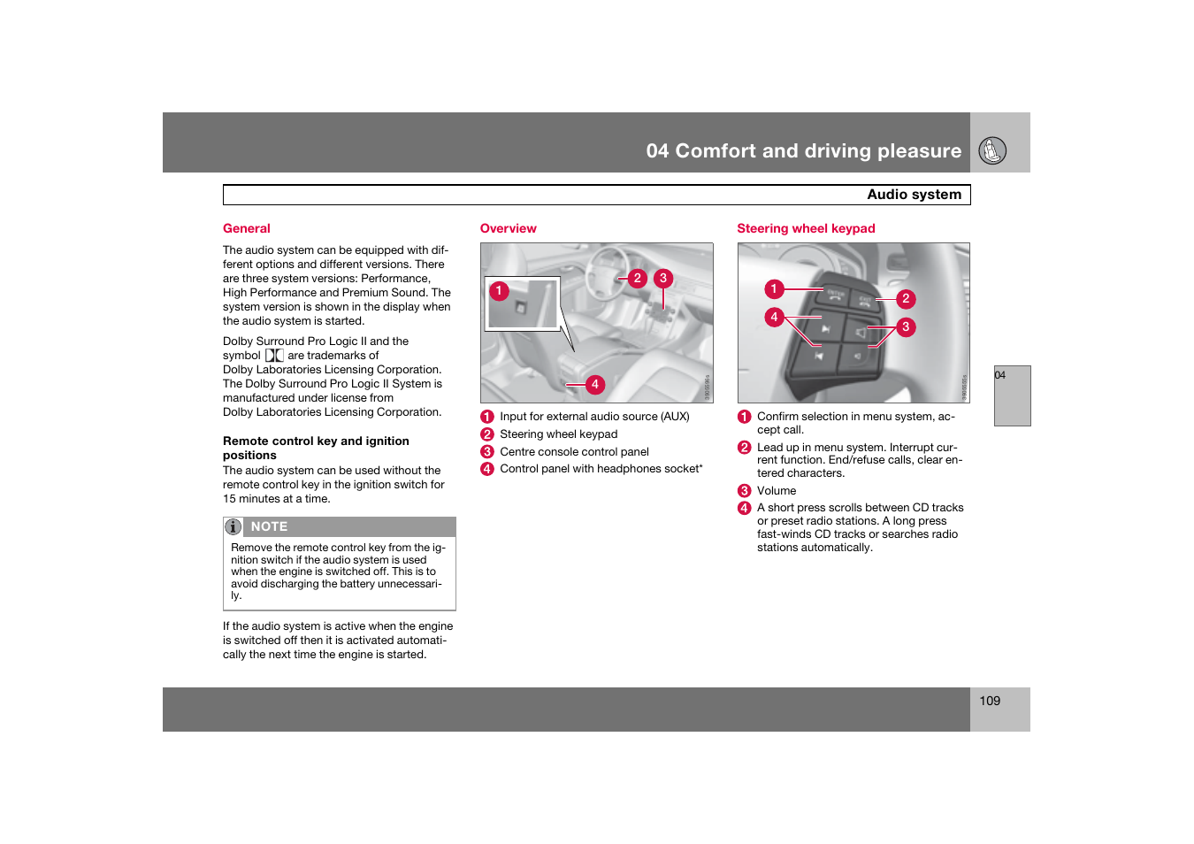 General, Overview, Steering wheel keypad | Audio system, 04 comfort and driving pleasure | Volvo 2007 S80 User Manual | Page 110 / 234