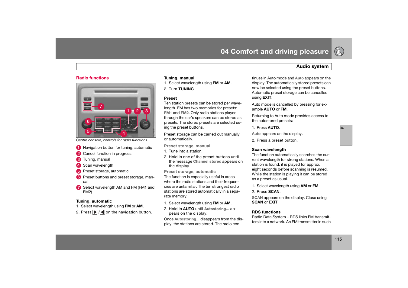 Radio functions, 04 comfort and driving pleasure | Volvo 2007 S80 User Manual | Page 116 / 234