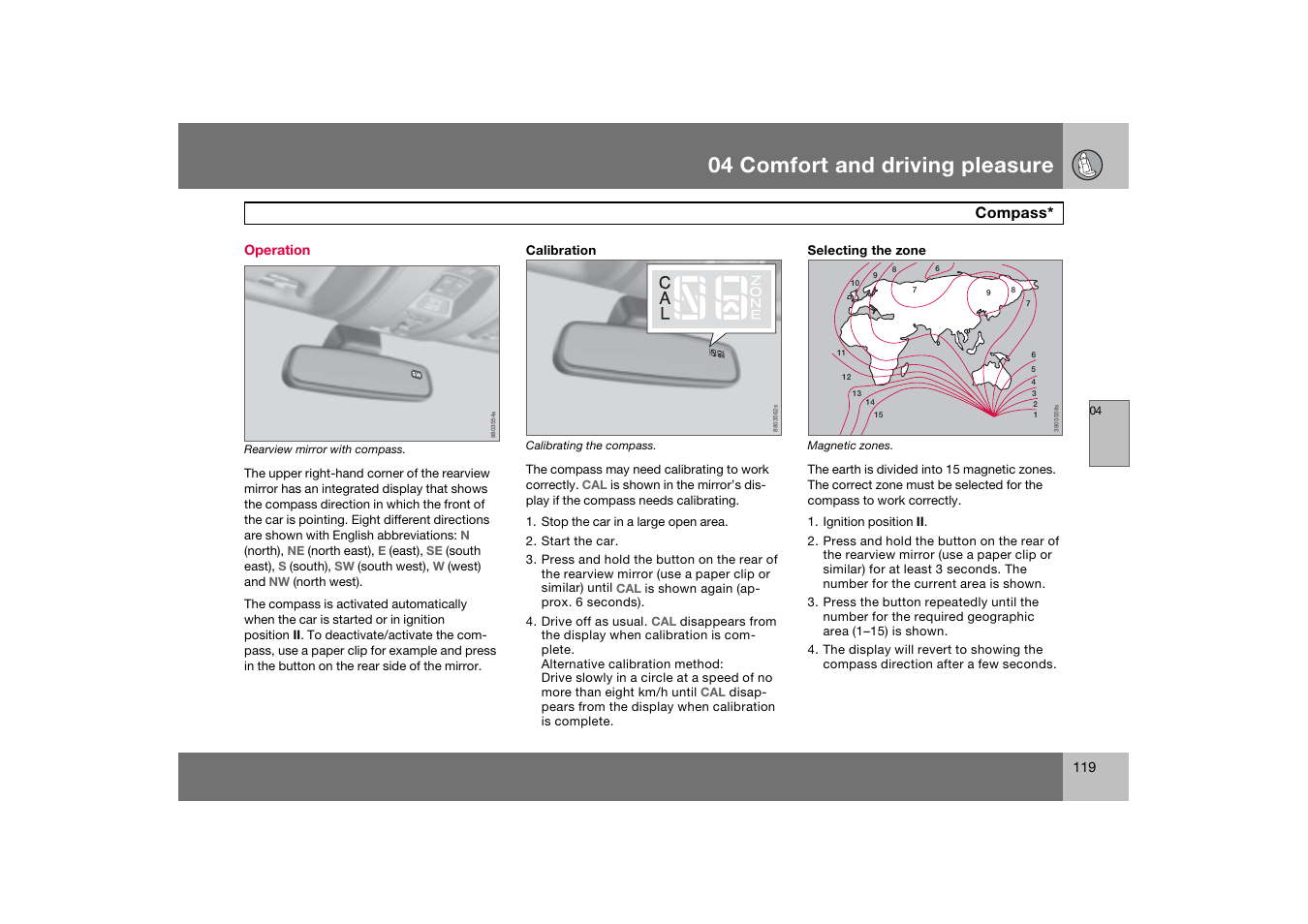 Operation, Compass, 04 comfort and driving pleasure | Volvo 2007 S80 User Manual | Page 120 / 234