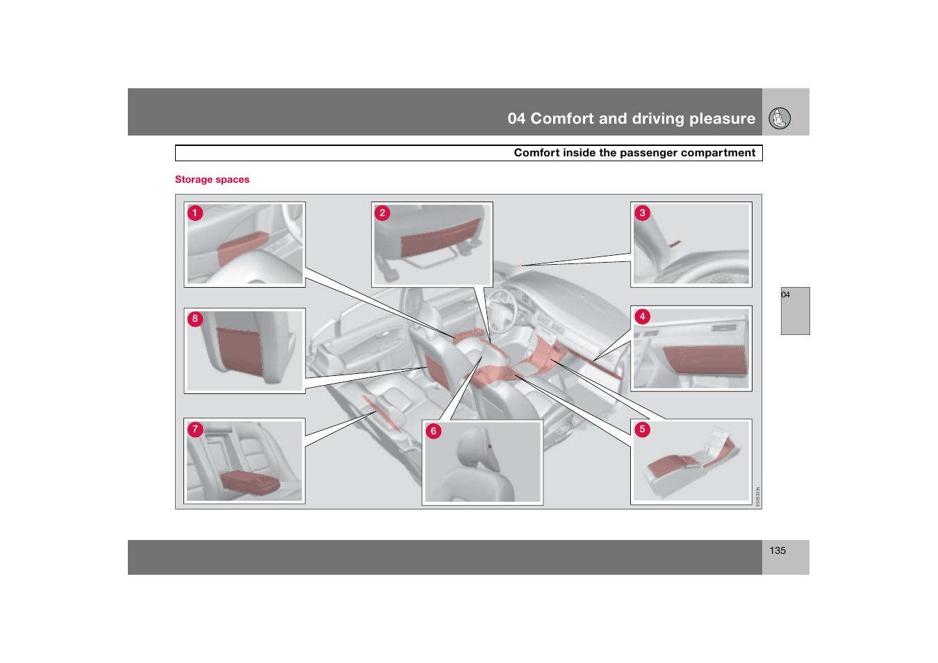 Storage spaces, Comfort inside the passenger compartment, 04 comfort and driving pleasure | Volvo 2007 S80 User Manual | Page 136 / 234
